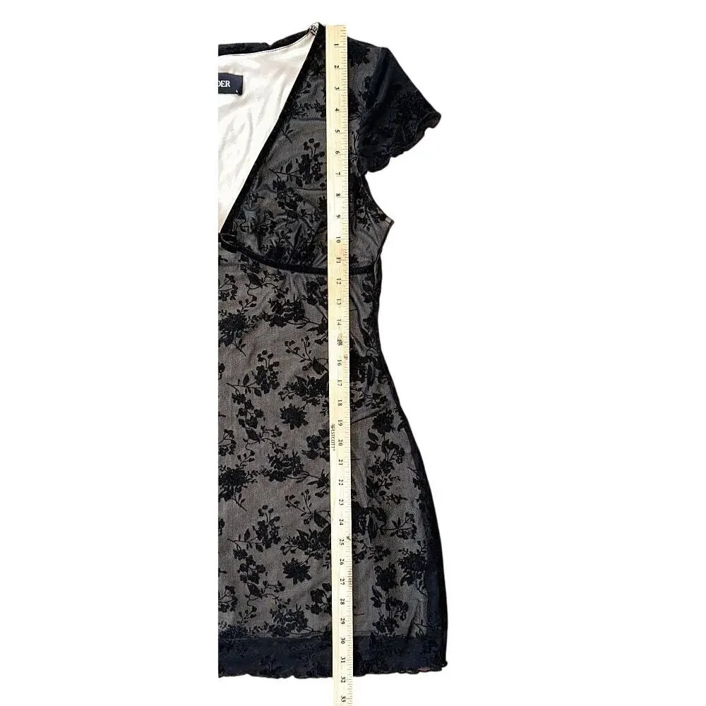 Cider Mesh V-Neck Floral Bow Nude Lined Black Mini Dress 8 - Picture 3 of 8